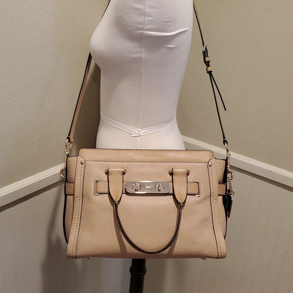Neutral Beige Leather Satchel Handbag with Gold Hardware